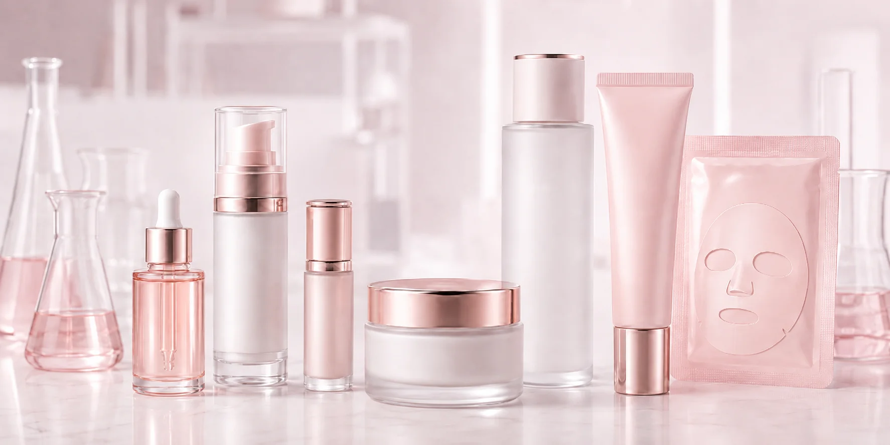 A collection of luxury skincare products with frosted glass bottles, jars, and rose gold accents arranged on a marble surface.